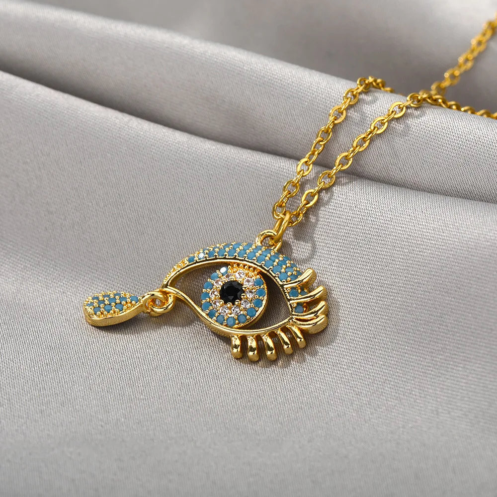 Necklace With Blue Turkish Evil Eye Zircon Pendant That Cries Gold