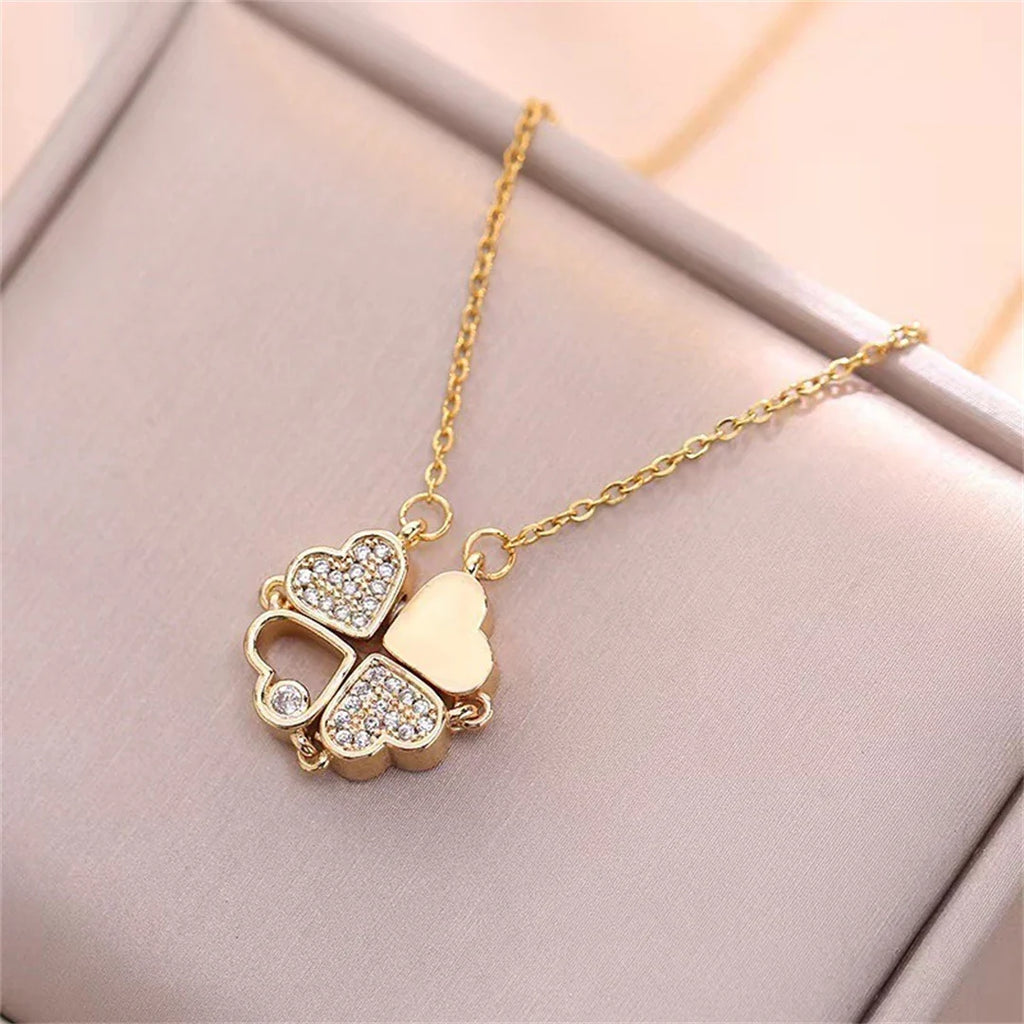 Necklace with Four-Leaf Clover Heart Pendants gold