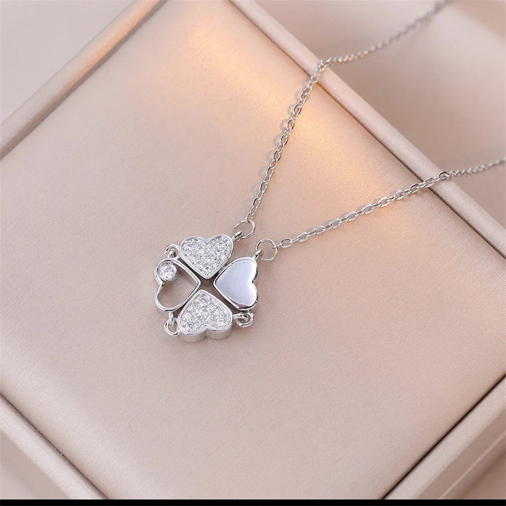 Necklace with Four-Leaf Clover Heart Pendants silver