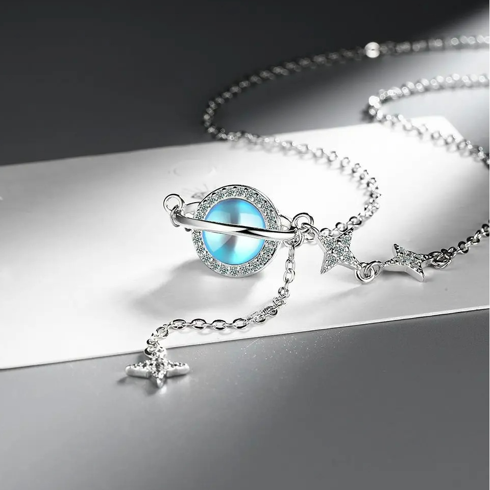 Necklace with Moonstone Pendant and Zircon Stars