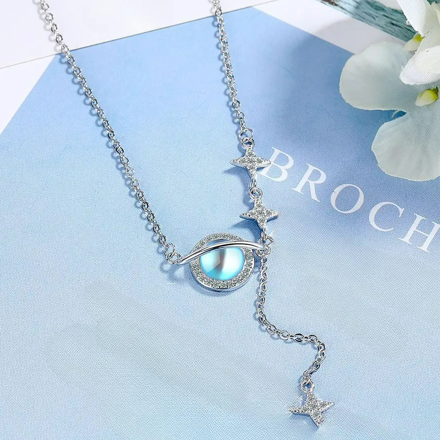 Necklace with Moonstone Pendant and Zircon Stars