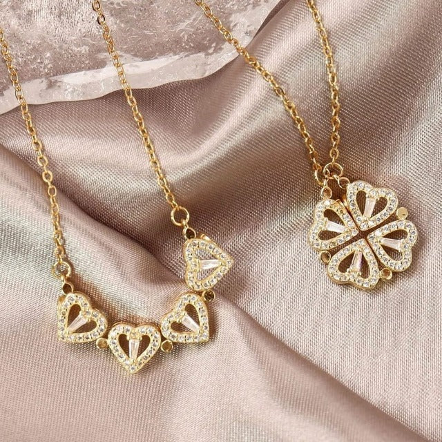 Four-Leaf Clover Heart Necklace Lucky Pendant in Gold