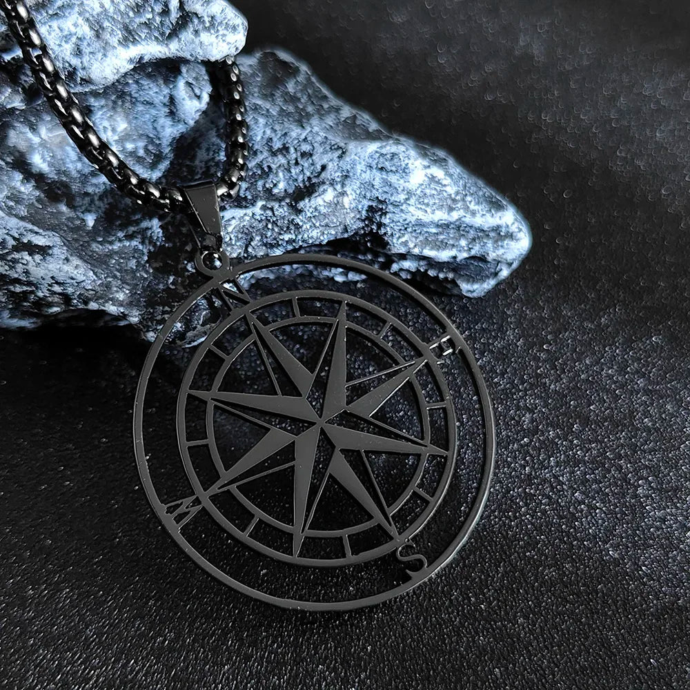 Compass Necklace Pendant Compass Rose Cardinal Points black