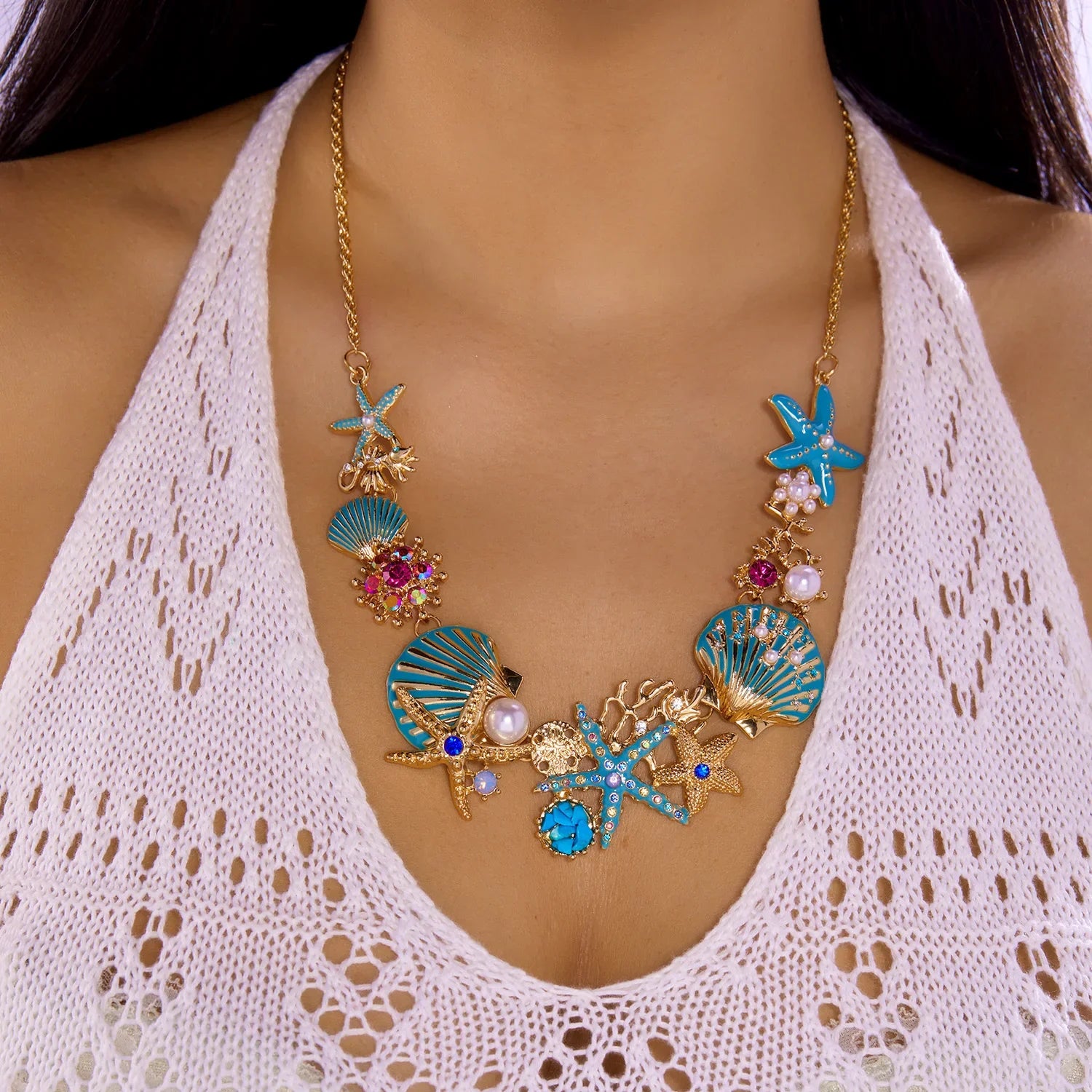 Collier coquillage doré et bleuté