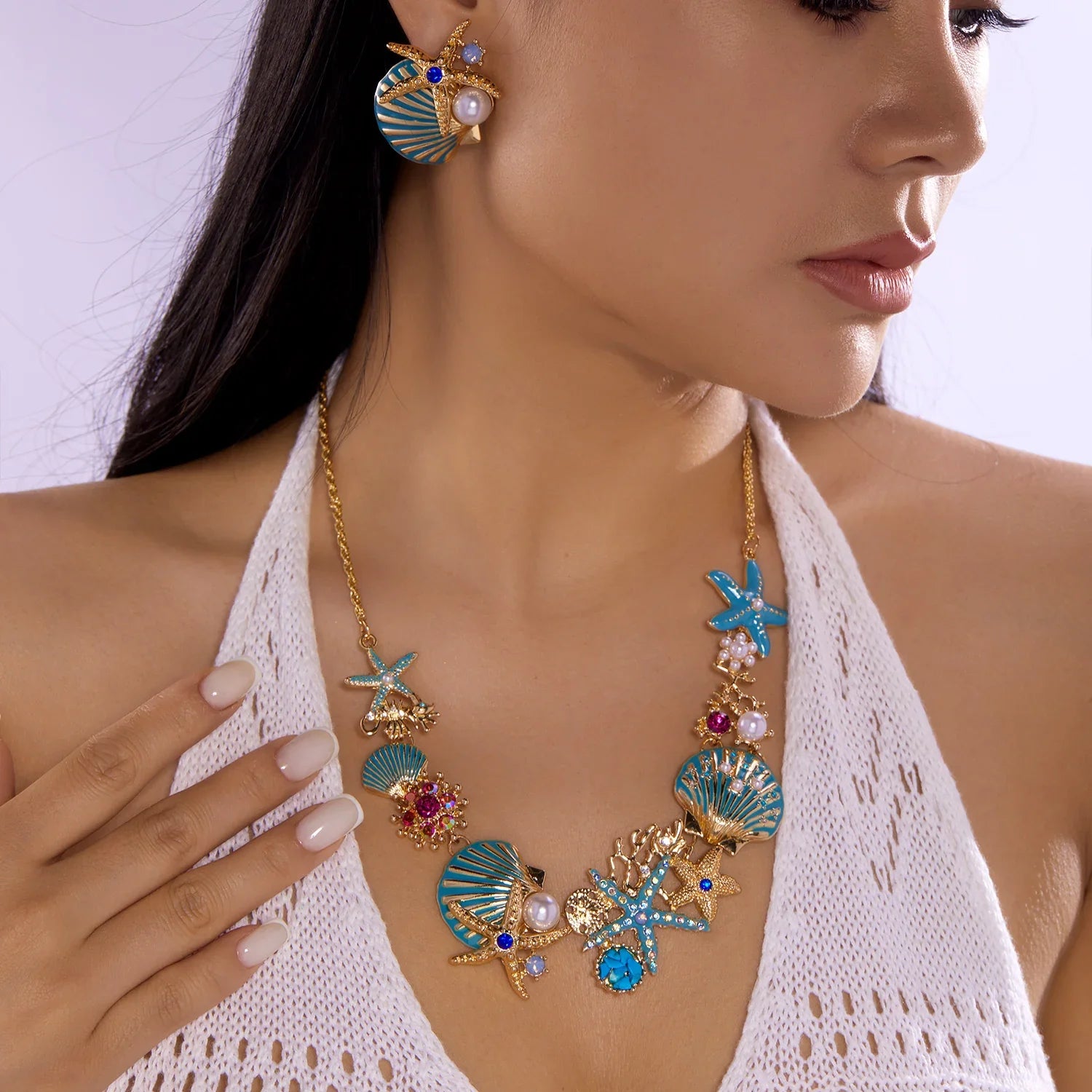 Collier coquillage doré et bleuté