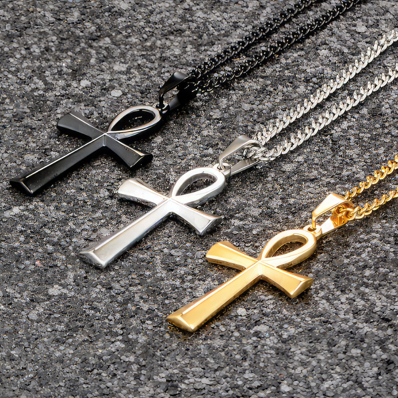 Egyptian Cross Necklace Black Ankh Pendant Silver Gold