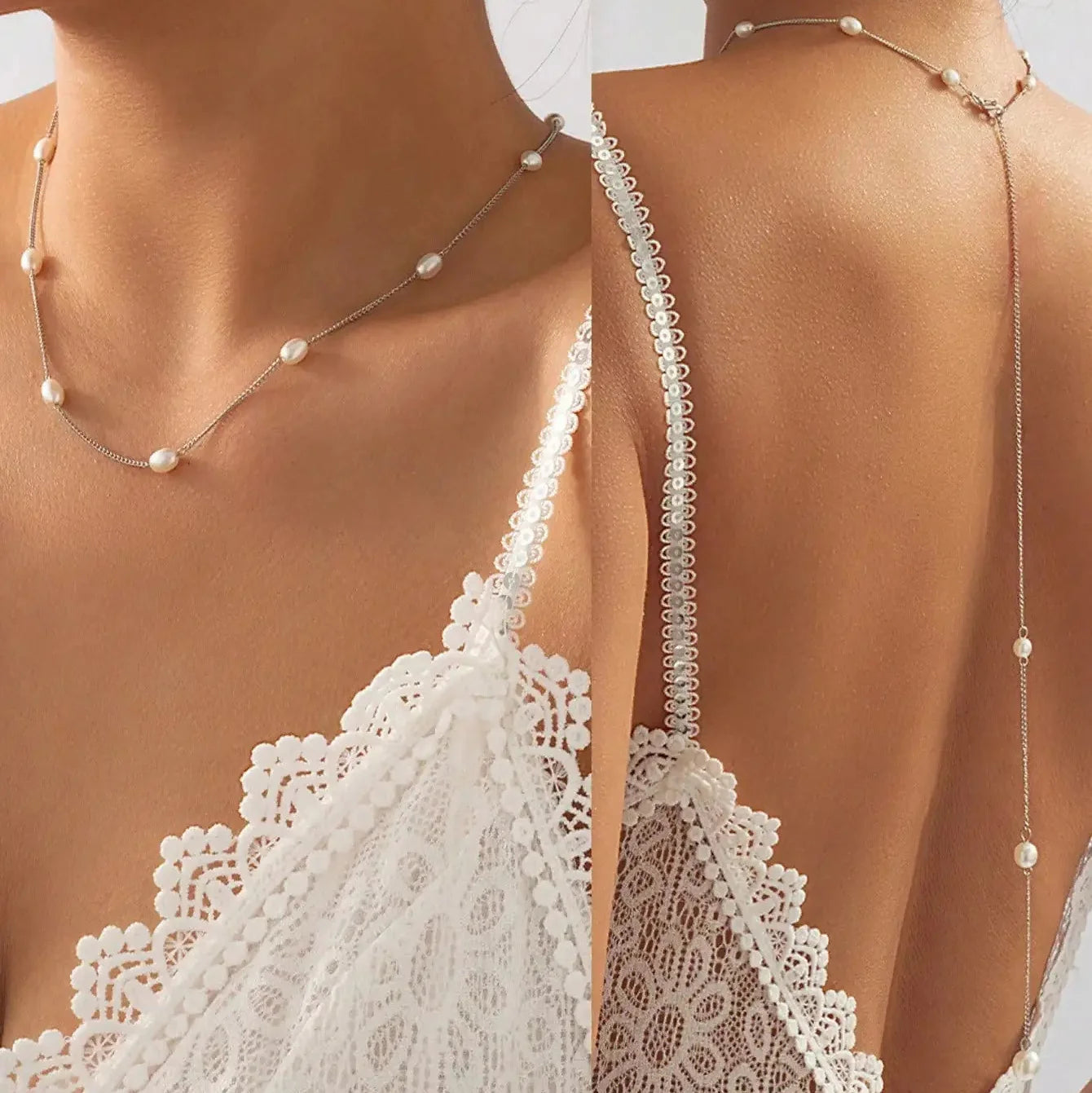 Collier de dos avec perles blanches - chaîne dorsale pour femme