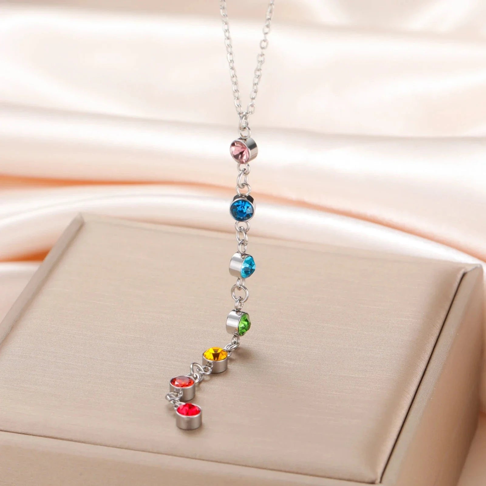 Protection Necklace with Long Pendant in 7 Chakra Stones silver