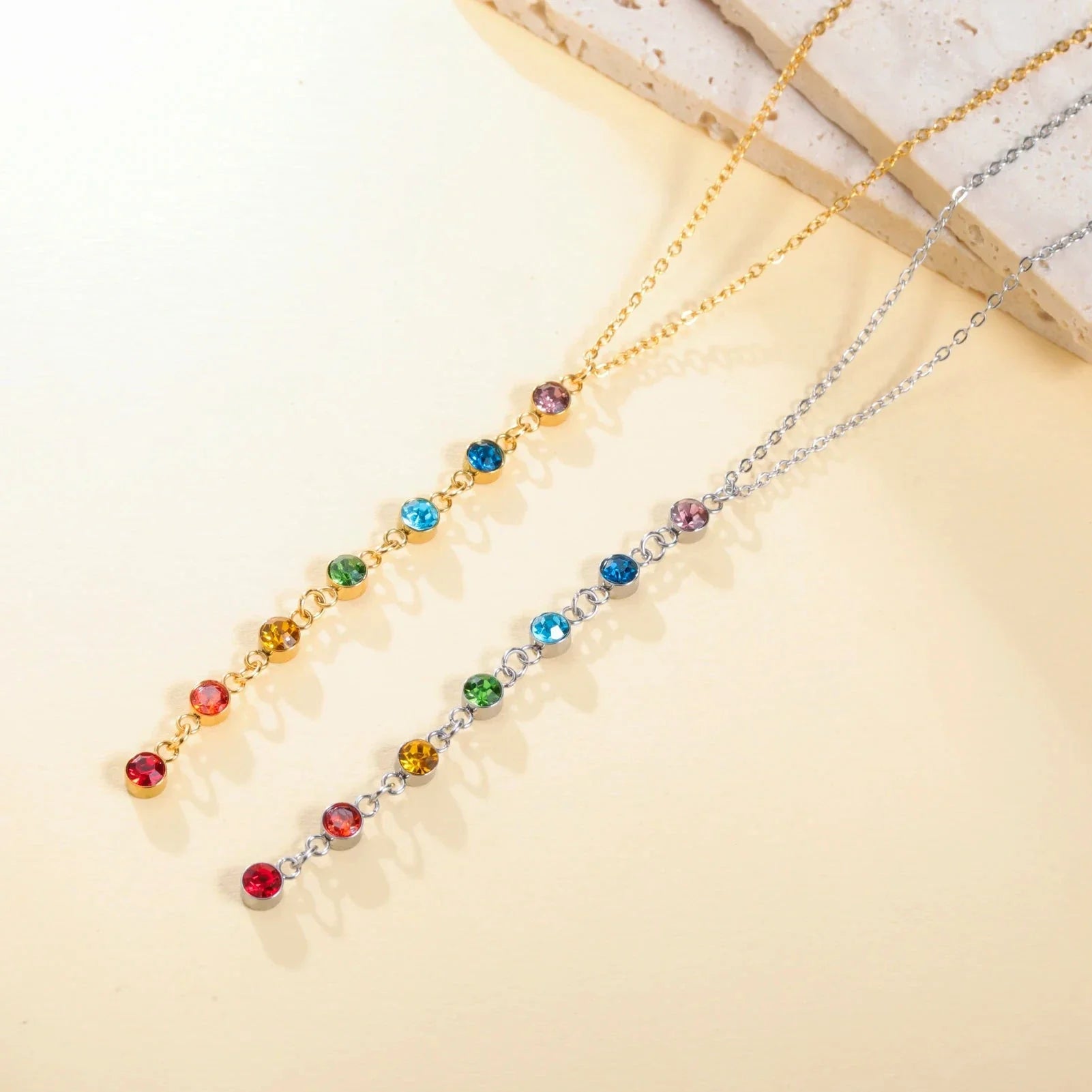 Protection Necklace with Long Pendant in 7 Chakra Stones gold