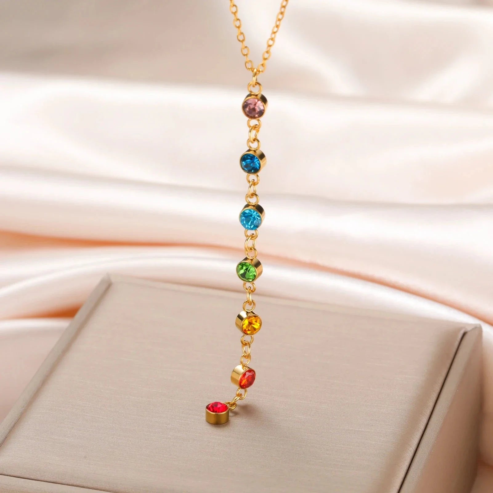 Protection Necklace with Long Pendant in 7 Chakra Stones gold