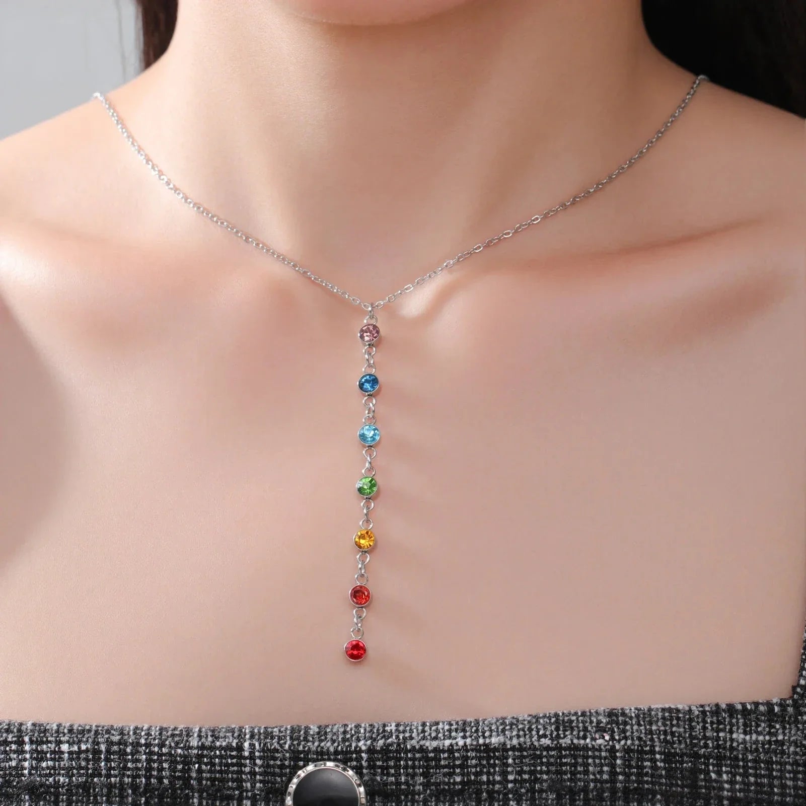 Protection Necklace with Long Pendant in 7 Chakra Stones silver