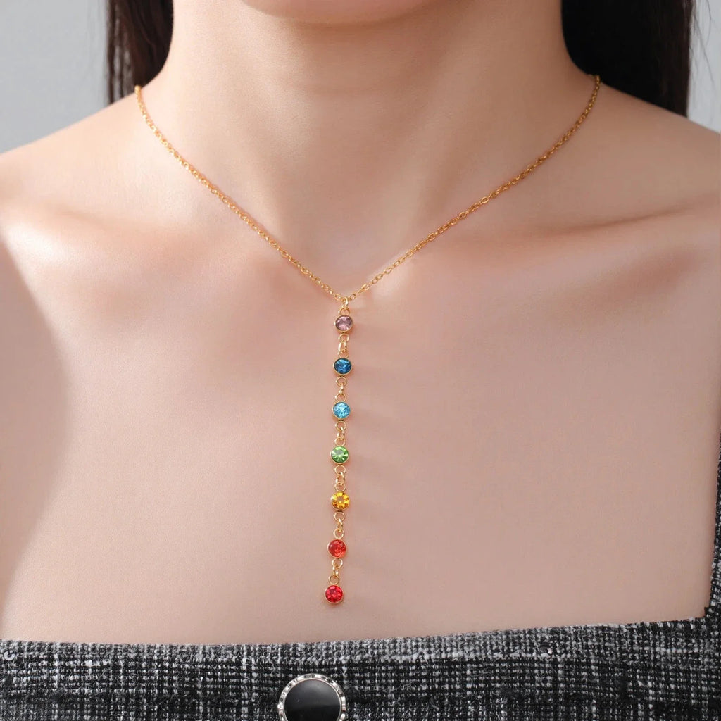 Protection Necklace with Long Pendant in 7 Chakra Stones gold