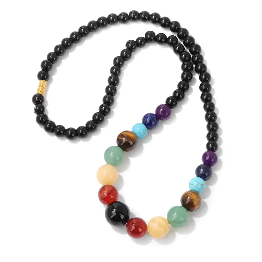 Protection Necklace with Pendant in 7 Chakra Stones black onyx