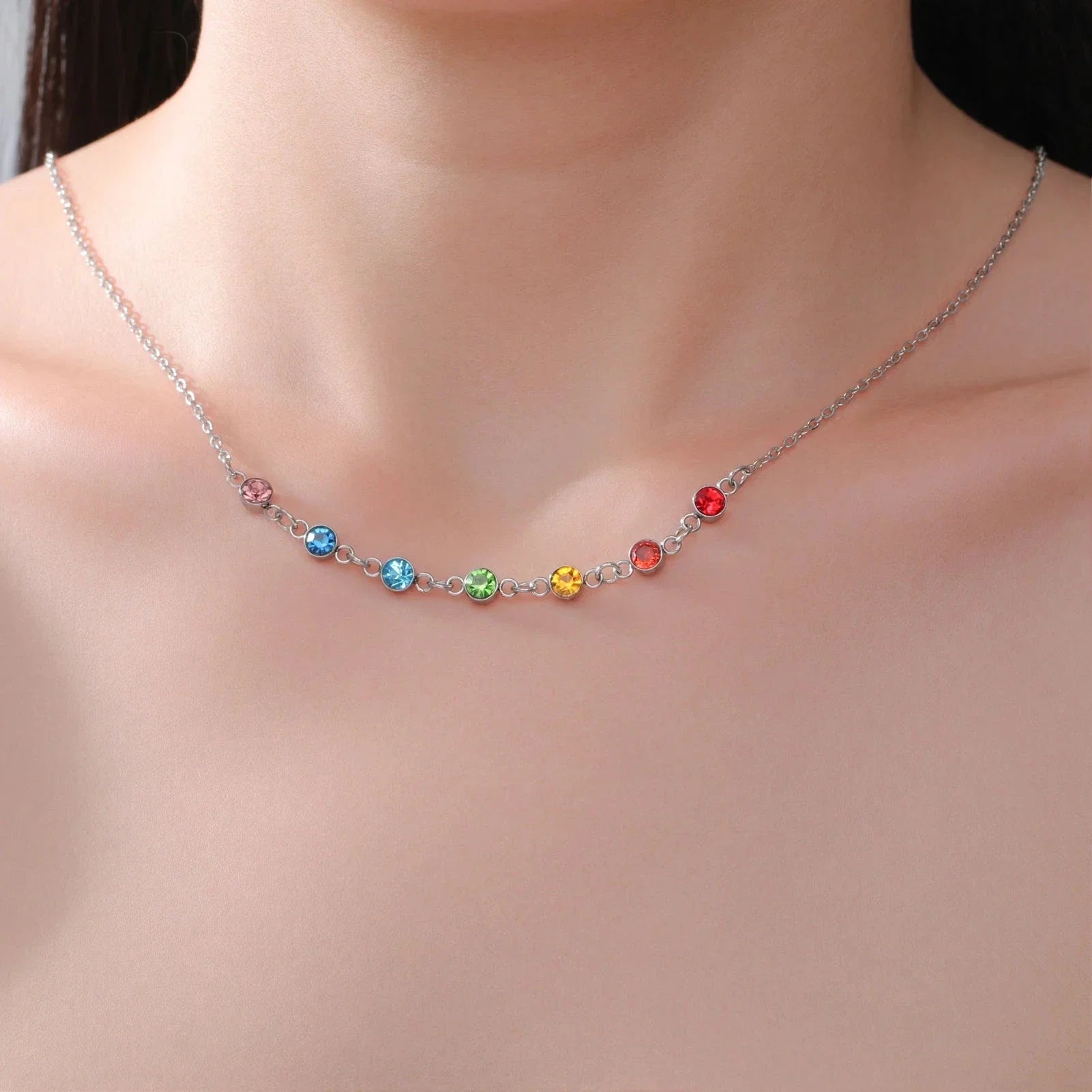 Protection Necklace with 7 Chakra Stone Pendant for Women silver