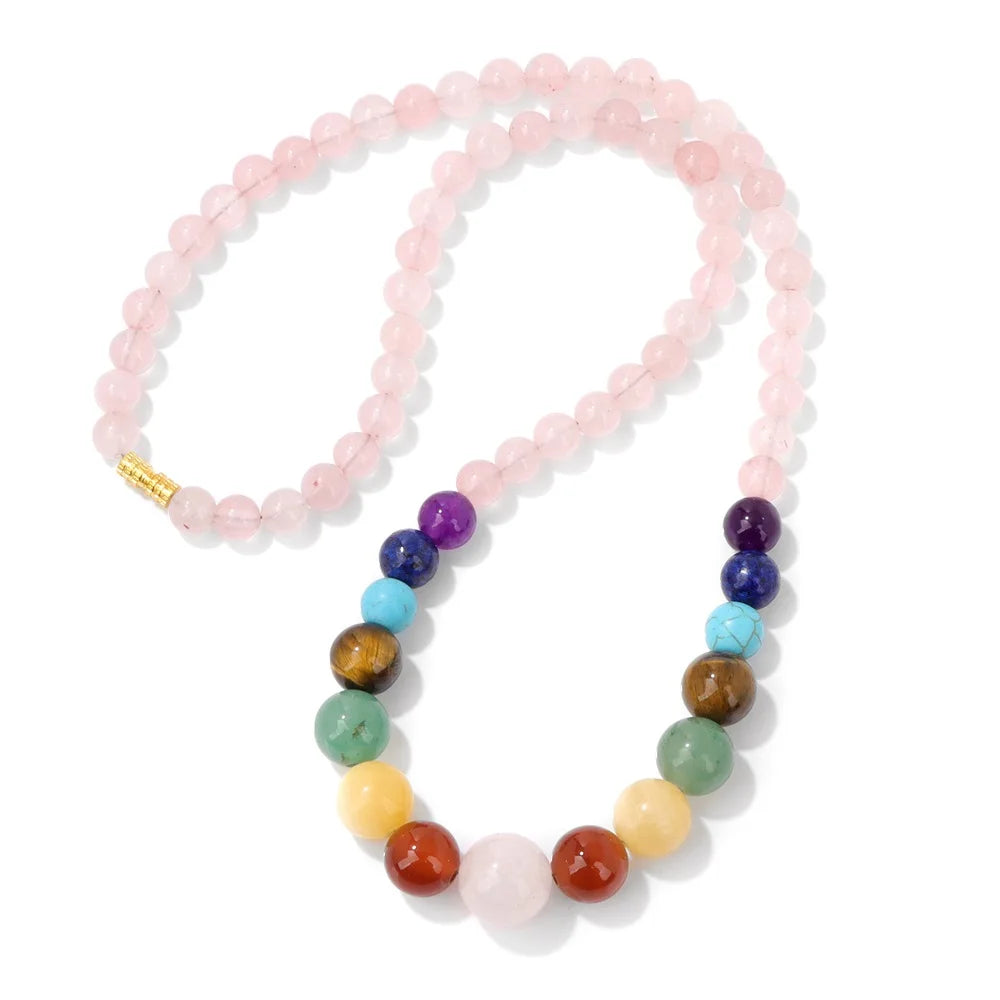 Protection Necklace with Pendant in 7 Chakra Stones rose quartz