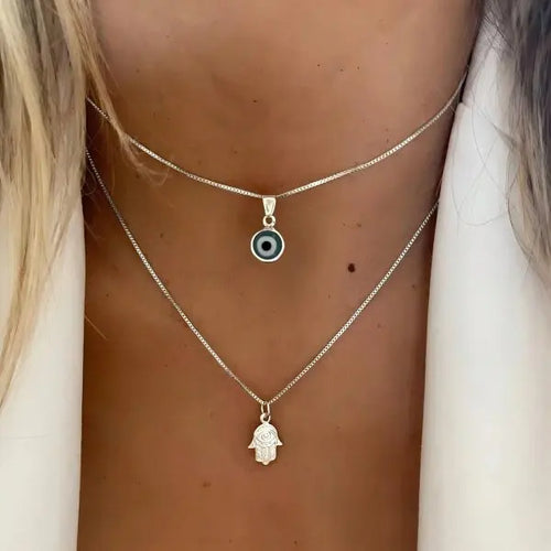 Double Necklace with Turkish Blue Eye Pendant and Silver Hamsa Hand