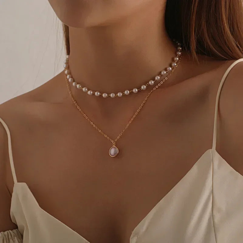 Elegant Double Necklace with Gold Pearl Pendant