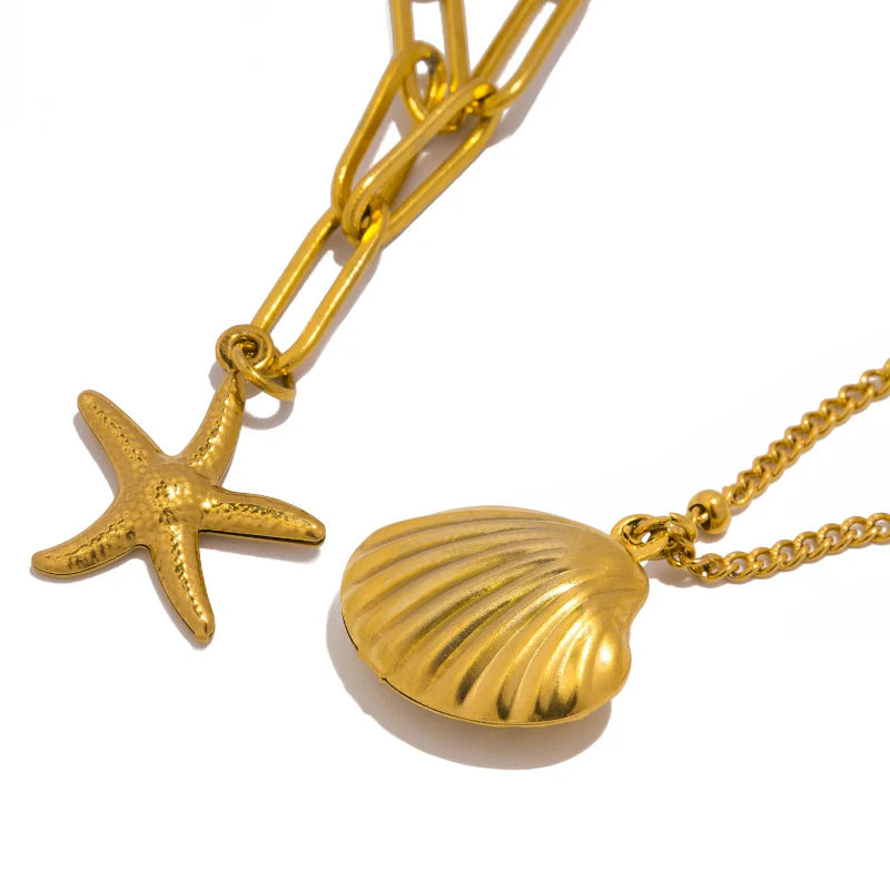 Double Strand Necklace with Shell Pendants Scallop Shell and Starfish