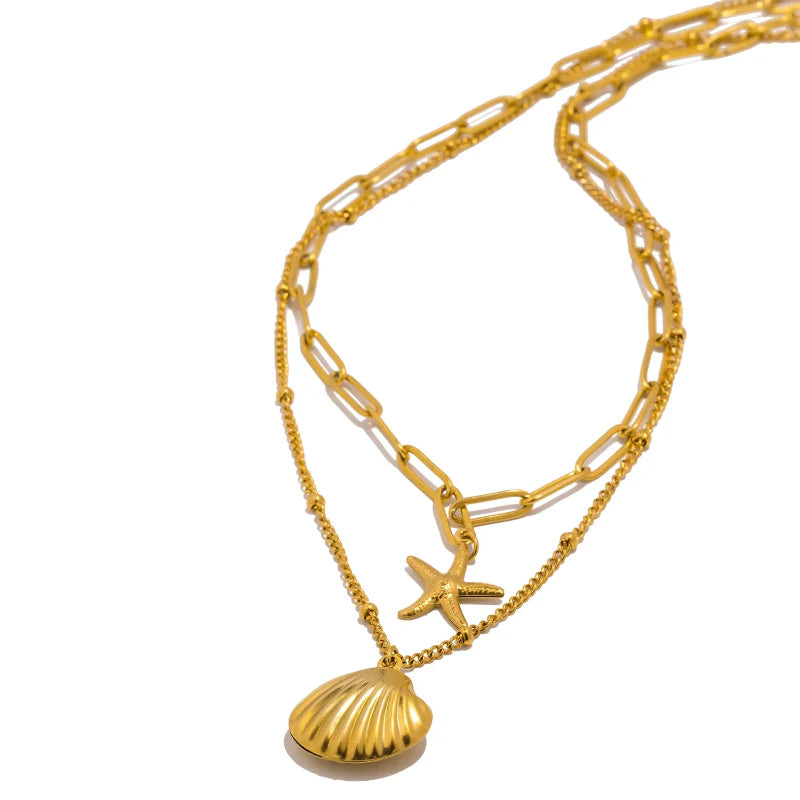 Double Strand Necklace with Shell Pendants Scallop Shell and Starfish