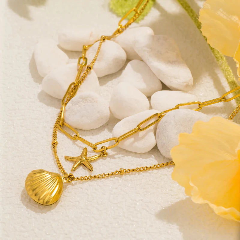 Double Strand Necklace with Shell Pendants Scallop Shell and Starfish