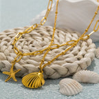 Collier Double Rang Pendentifs Coquillages Coquille Saint-Jacques et Etoile de Mer