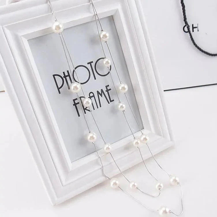 Long Collier Double avec Grandes Perles Blanches argent