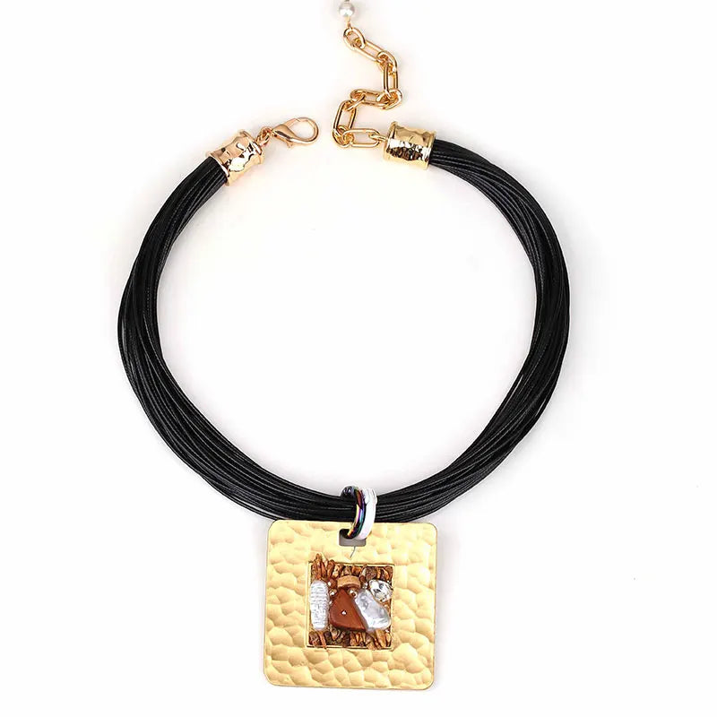 Cord Necklace with Black Square Pendant