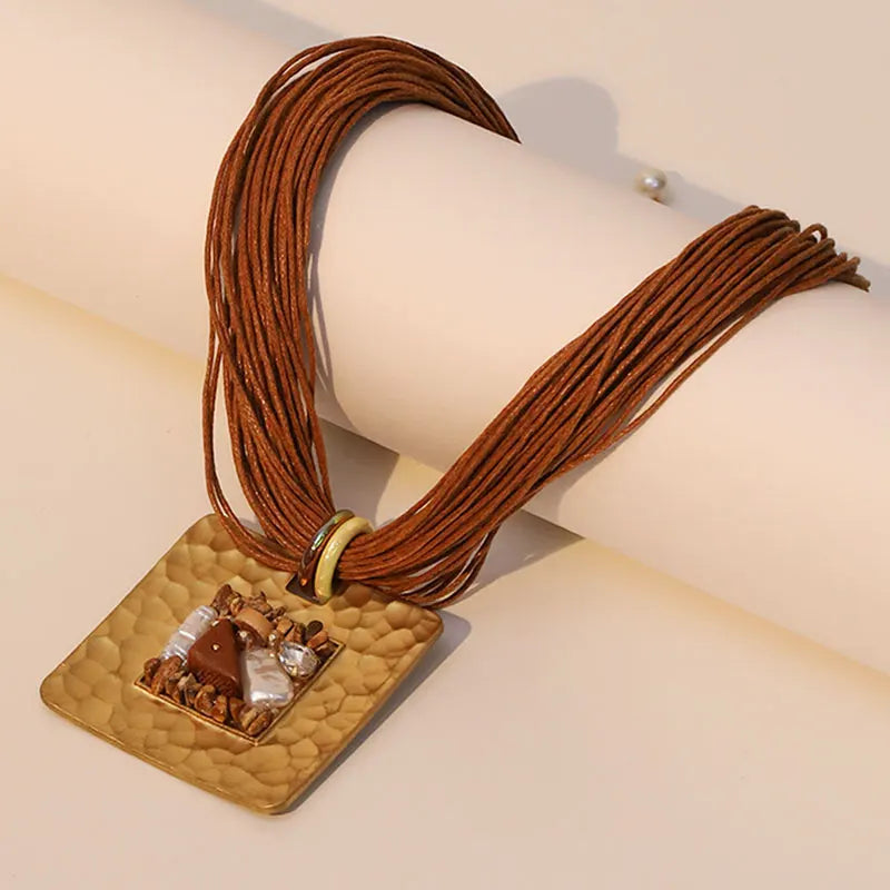 Cord Necklace with Brown Square Pendant