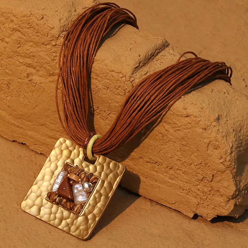 Cord Necklace with Brown Square Pendant