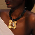 Cord Necklace with Black Square Pendant