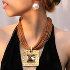 Cord Necklace with Brown Square Pendant