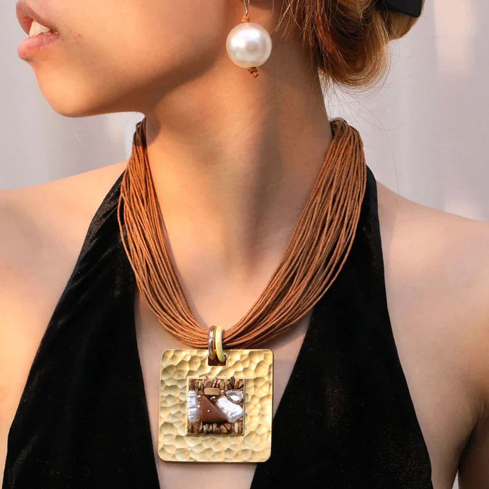 Cord Necklace with Brown Square Pendant