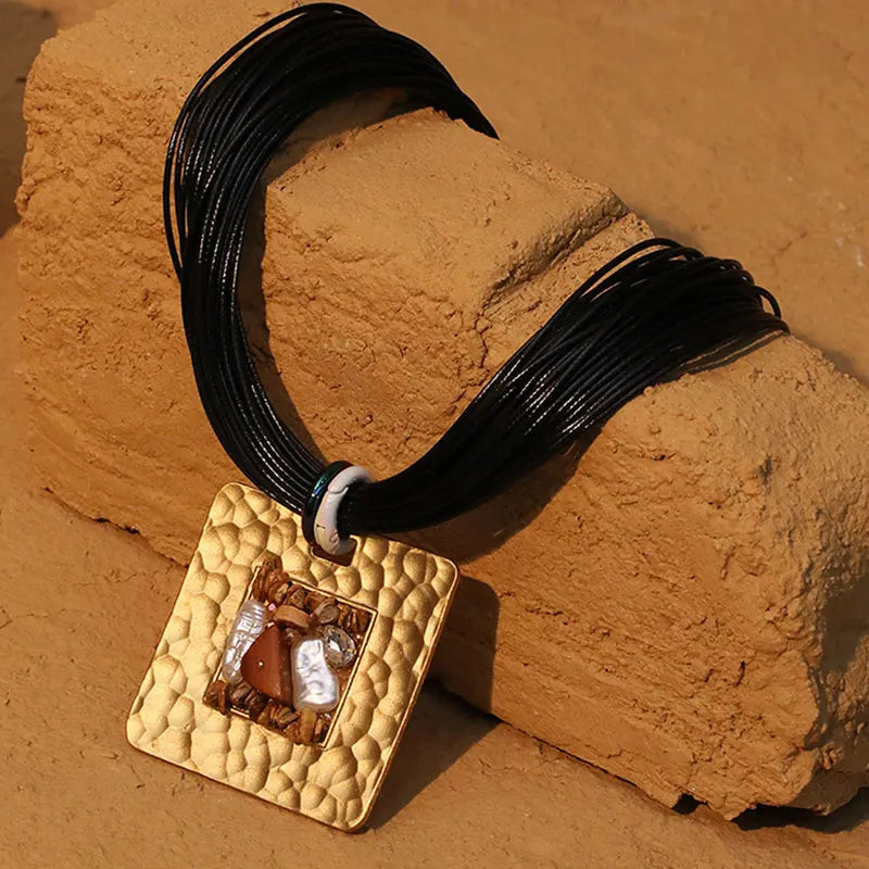 Cord Necklace with Black Square Pendant