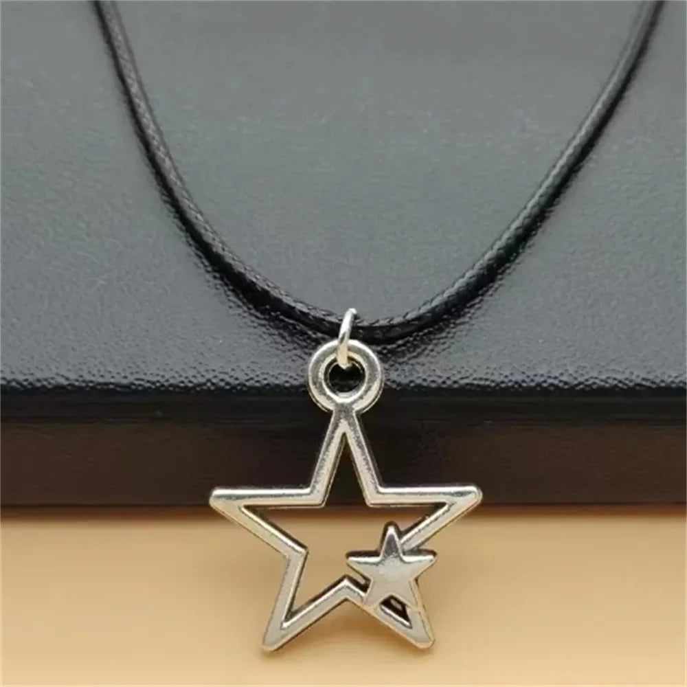 Leather Necklace Double Star Pendant