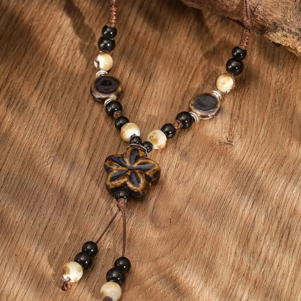 Pearl Necklace with Brown Flower Pendant
