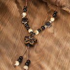 Pearl Necklace with Brown Flower Pendant