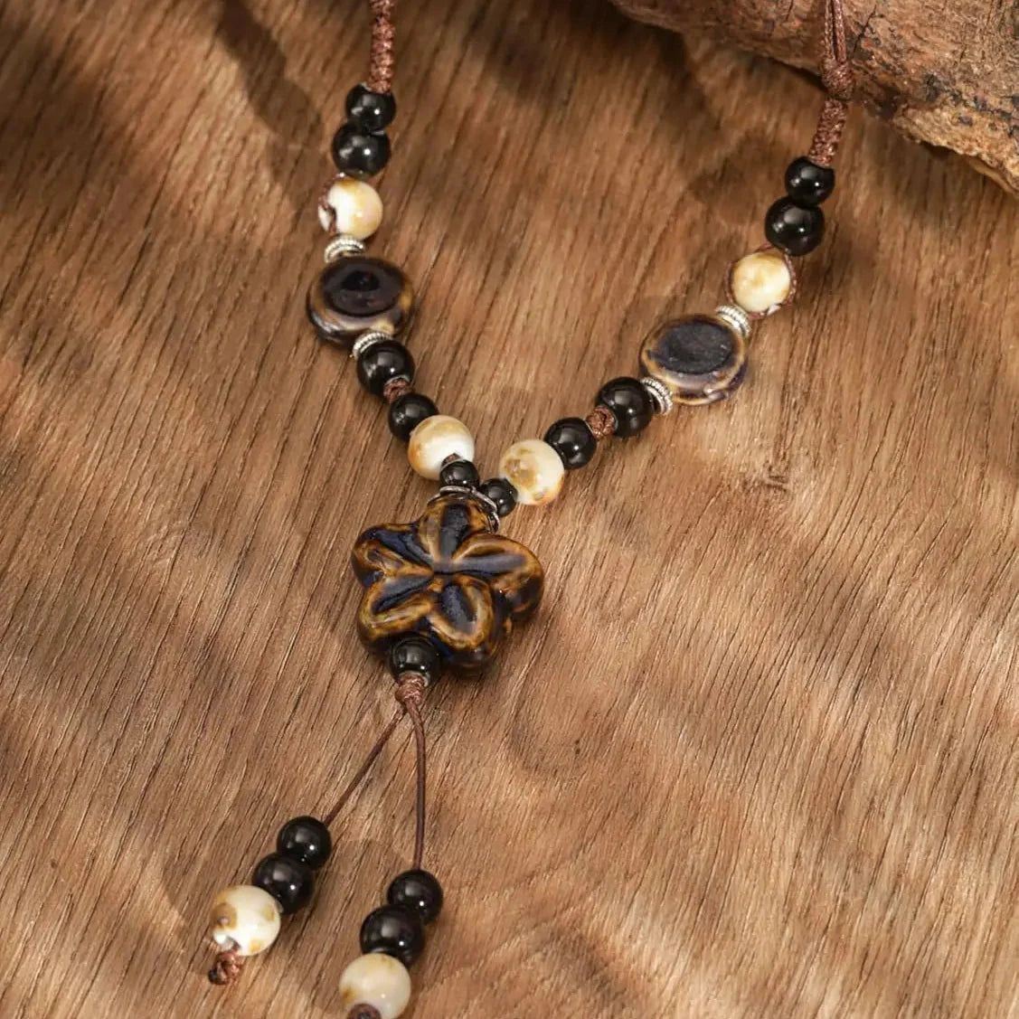 Pearl Necklace with Brown Flower Pendant