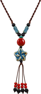 Pearl Necklace with Blue Flower Pendant