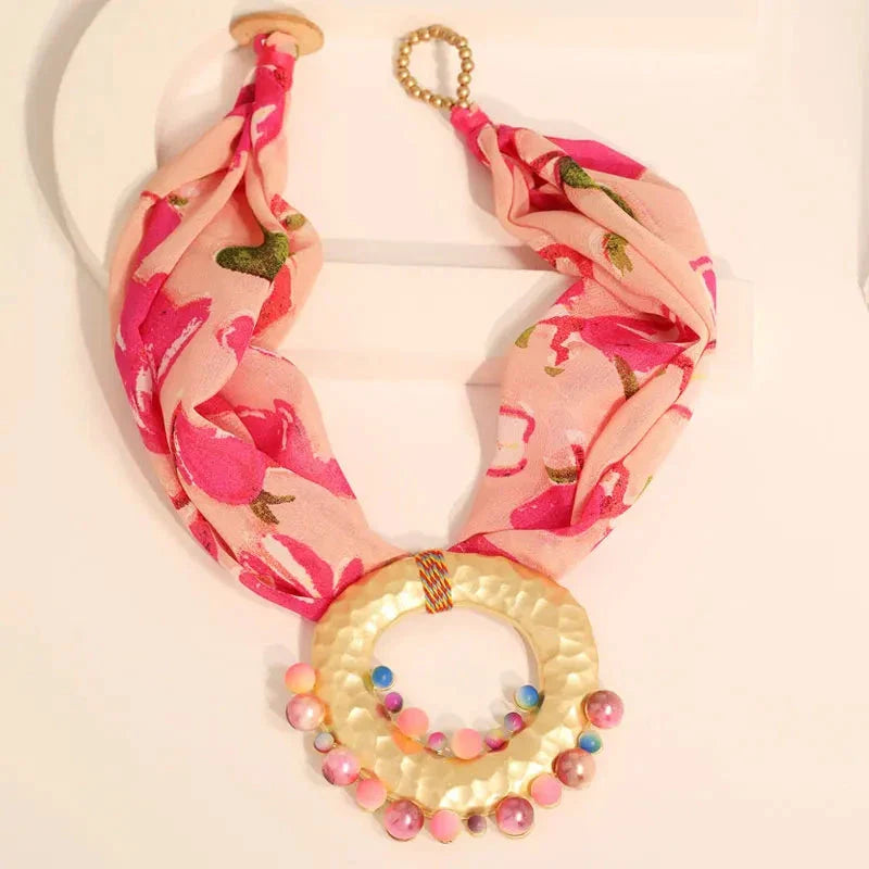 Fabric Necklace with Chic Bohemian Pink Pendant