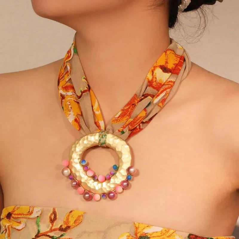 Fabric Necklace with Chic Bohemian Orange Pendant