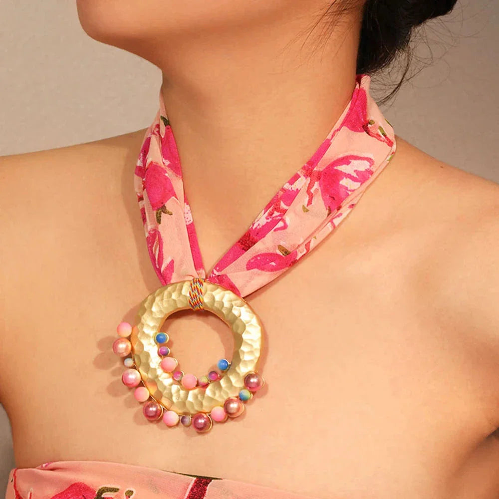 Fabric Necklace with Chic Bohemian Pink Pendant