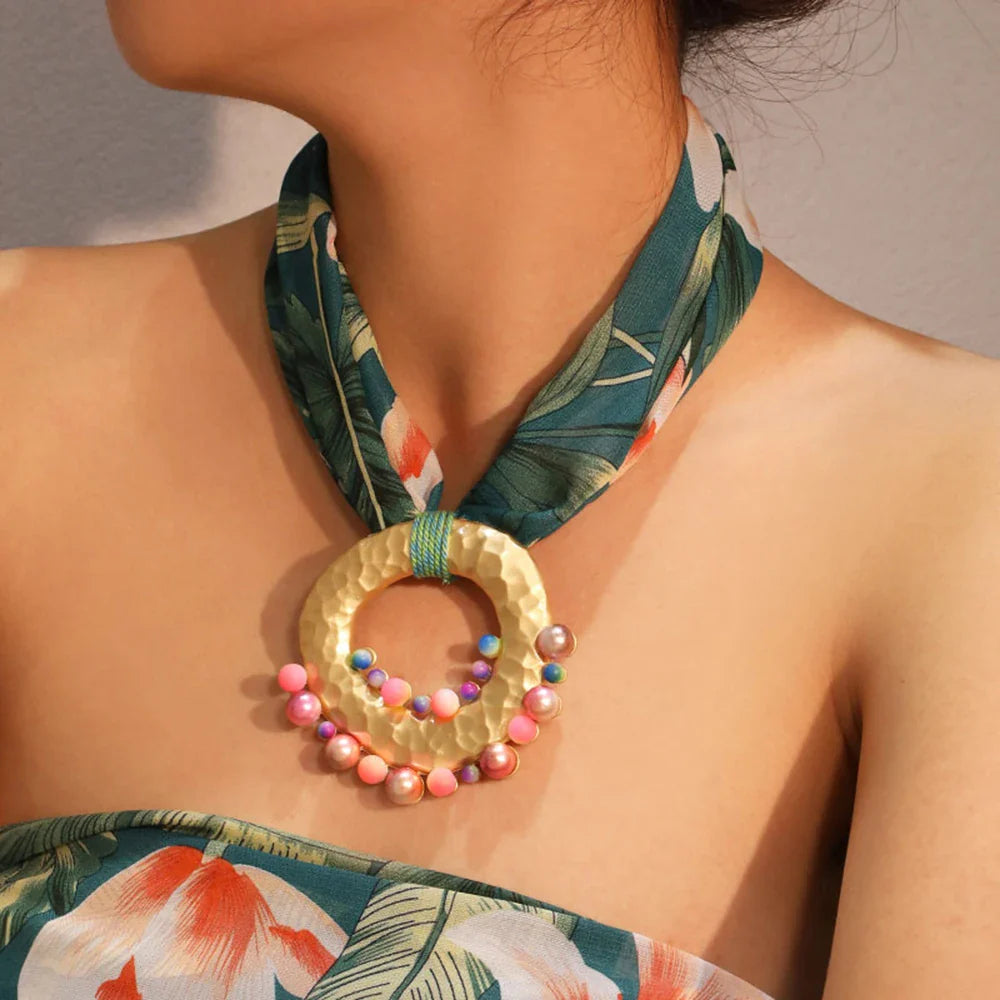Fabric Necklace with Chic Bohemian Green Pendant