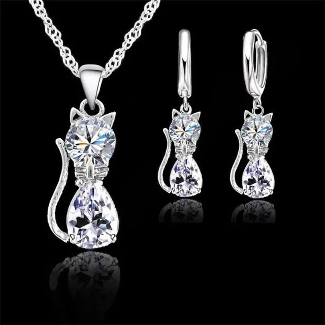 Collier et Boucles d'Oreilles Chat Diamant