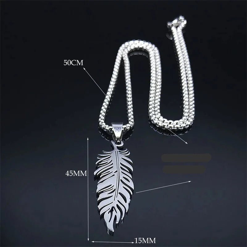 Collier et pendentif plume en acier inoxydable