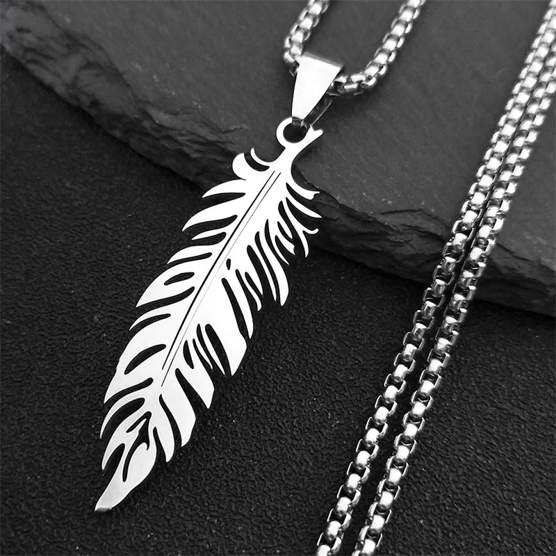 Collier et pendentif plume en acier inoxydable argent