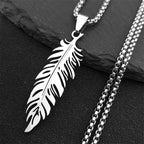 Collier et pendentif plume en acier inoxydable argent