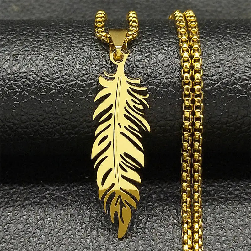 Collier et pendentif plume en acier inoxydable or