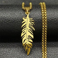 Collier et pendentif plume en acier inoxydable or