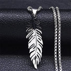 Collier et pendentif plume en acier inoxydable argent