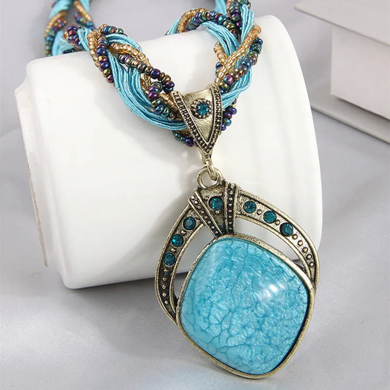 Ethnic Necklace with Large Blue Oval Pendant